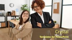  Presentation with women in office - PPT layouts having group-of-two-women-working background and a tawny brown colored foreground