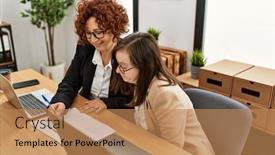  Presentation with down syndrome - Presentation enhanced with group-of-two-women-working background and a coral colored foreground