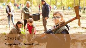  Presentation with trees - PPT layouts with group-of-volunteers-and-children background and a coral colored foreground