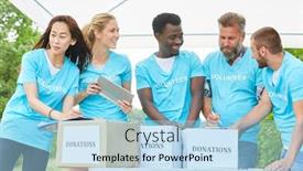  Presentation with non profit - Amazing slide deck having group-of-volunteers-collecting-donations backdrop and a light blue colored foreground