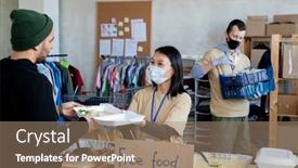  Presentation with free food - Slide deck having group-of-volunteers-giving-free background and a coral colored foreground