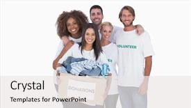  Presentation with community service happy volunteer group - Theme enhanced with group of volunteers holding donation background and a white colored foreground