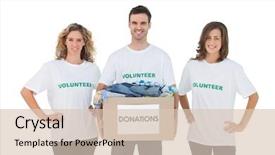  Presentation with donation - Cool new slides with group of volunteers holding donation backdrop and a lemonade colored foreground