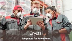  Presentation with scrolling - Cool new PPT theme with group-of-warehouse-workers backdrop and a tawny brown colored foreground