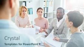  Presentation with joint - Audience pleasing PPT theme consisting of group of white collar workers listening to unrecognizable speaker with interest while brainstorming on joint project at spacious open plan office backdrop and a sky blue colored foreground