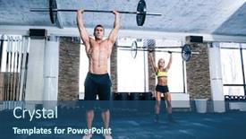  Presentation with barbell - PPT theme featuring group of woman and man workout with barbell at gym background and a ocean colored foreground