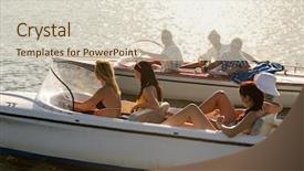  Presentation with navigating - PPT theme consisting of group of women and men navigating motorboats summer lake background and a lemonade colored foreground