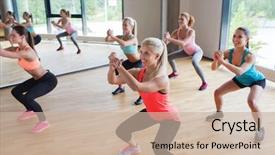  Presentation with women making - Audience pleasing theme consisting of group of women making squats backdrop and a soft green colored foreground