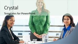  Presentation with women meeting - Presentation design having group of women meeting in office background and a soft green colored foreground