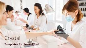  Presentation with beauty salon - Audience pleasing presentation theme consisting of group-of-women-on-manicure backdrop and a lemonade colored foreground