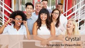  Presentation with work - Colorful slide set enhanced with group of work colleagues standing backdrop and a coral colored foreground