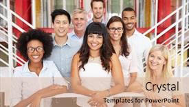  Presentation with small group working - Slide deck with group of work colleagues standing background and a coral colored foreground