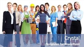  Presentation with team group - Slide set having group of workers business people background and a ocean colored foreground