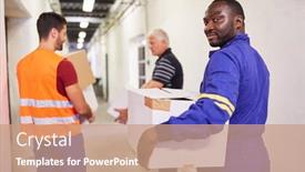  Presentation with shipping company - Amazing PPT theme having group-of-workers-carries-packages backdrop and a coral colored foreground