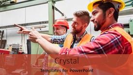  Presentation with factory workers - Presentation theme with group-of-workers-discuss background and a red colored foreground