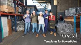  Presentation with factory workers - Amazing presentation design having group of workers in metallurgy backdrop and a dark gray colored foreground
