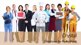  Presentation with 3d white people pushing - Cool new PPT theme with group of workers people isolated backdrop and a yellow colored foreground