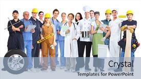  Presentation with group - Presentation design featuring group of workers people isolated background and a  colored foreground
