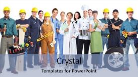 Presentation with 3d white people pushing - Cool new theme with group of workers people isolated backdrop and a  colored foreground