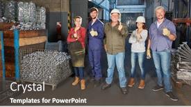  Presentation with factory workers - Presentation design enhanced with group-of-workers background and a dark gray colored foreground