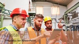  Presentation with factory workers - Presentation design having group-of-workers background and a coral colored foreground