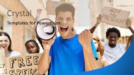  Presentation with group - Presentation theme having group-of-young-activists-protesting background and a coral colored foreground