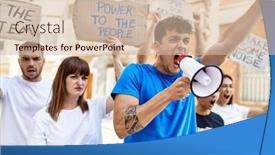  Presentation with group of three young girl - Presentation theme having group-of-young-activists-protesting background and a soft green colored foreground