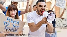  Presentation with group - Presentation theme enhanced with group-of-young-activists-protesting background and a coral colored foreground
