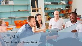  Presentation with group of students raising hands - Beautiful presentation theme featuring group-of-young-art-students backdrop and a light blue colored foreground