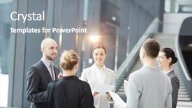  Presentation with financial circle - Presentation design having group of young associates background and a gray colored foreground