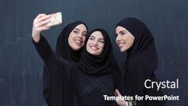  Presentation with hijab modern - Beautiful PPT theme featuring group-of-young-beautiful-muslim backdrop and a dark gray colored foreground