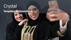  Presentation with muslim women - PPT theme featuring group-of-young-beautiful-muslim background and a dark gray colored foreground
