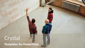  Presentation with building - PPT theme with group-of-young-builders-discussing background and a coral colored foreground