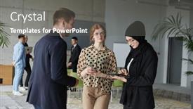  Presentation with group discussion - Slides with group-of-young-business-entrepreneurs background and a  colored foreground