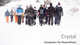  Presentation with building team - Beautiful presentation theme featuring group of young business people walking through beautiful winter landscape with snowflakes around them during a team building in the mountain forest backdrop and a white colored foreground