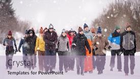  Presentation with team building - Presentation with group of young business people walking through beautiful winter landscape with snowflakes around them during a team building in the mountain forest background and a light blue colored foreground