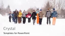  Presentation with snowflakes - Colorful presentation theme enhanced with group of young business people walking through beautiful winter landscape with snowflakes around them during a team building in the mountain forest backdrop and a white colored foreground