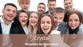  Presentation with young business people - Cool new PPT theme with group-of-young-business-people backdrop and a coral colored foreground