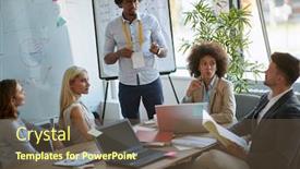  Presentation with business group meeting - Colorful slide deck enhanced with group-of-young-business-people backdrop and a tawny brown colored foreground