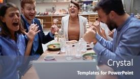  Presentation with people talking - Cool new PPT theme with group-of-young-business-people backdrop and a ocean colored foreground