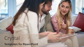  Presentation with data meeting - Audience pleasing slide deck consisting of group-of-young-business-people backdrop and a coral colored foreground