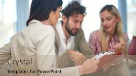  Presentation with data meeting - PPT theme featuring group-of-young-business-people background and a coral colored foreground