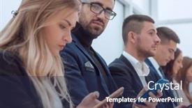  Presentation with young business people - PPT theme featuring group-of-young-business-people background and a navy blue colored foreground