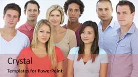  Presentation with casual young people - Amazing PPT theme having group of young business people backdrop and a red colored foreground