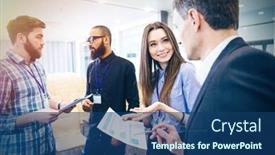  Presentation with financial report - Slide set with group of young business people discussing financial report and new project in conference hall background and a ocean colored foreground