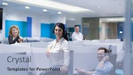  Presentation with group support - Slide deck consisting of group of young business people with headset working and giving support to customers in a call center office background and a light blue colored foreground