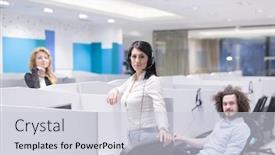  Presentation with group support - Beautiful theme featuring group of young business people with headset working and giving support to customers in a call center office backdrop and a light gray colored foreground