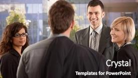  Presentation with front office - PPT layouts enhanced with group of young businesspeople talking in front of of office building background and a dark gray colored foreground