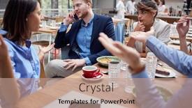  Presentation with people talking - Presentation theme enhanced with group-of-young-caucasian-people background and a coral colored foreground