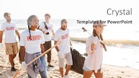  Presentation with community service happy volunteer group - Slide set consisting of group of young cheerful friends volunteers cleaning beach from rubbish walking along the beach with garbage bags background and a white colored foreground